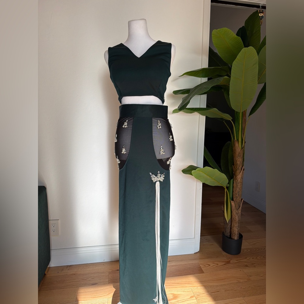 Vintage Embellished Dark Green Skirt with crop top with back embellishments